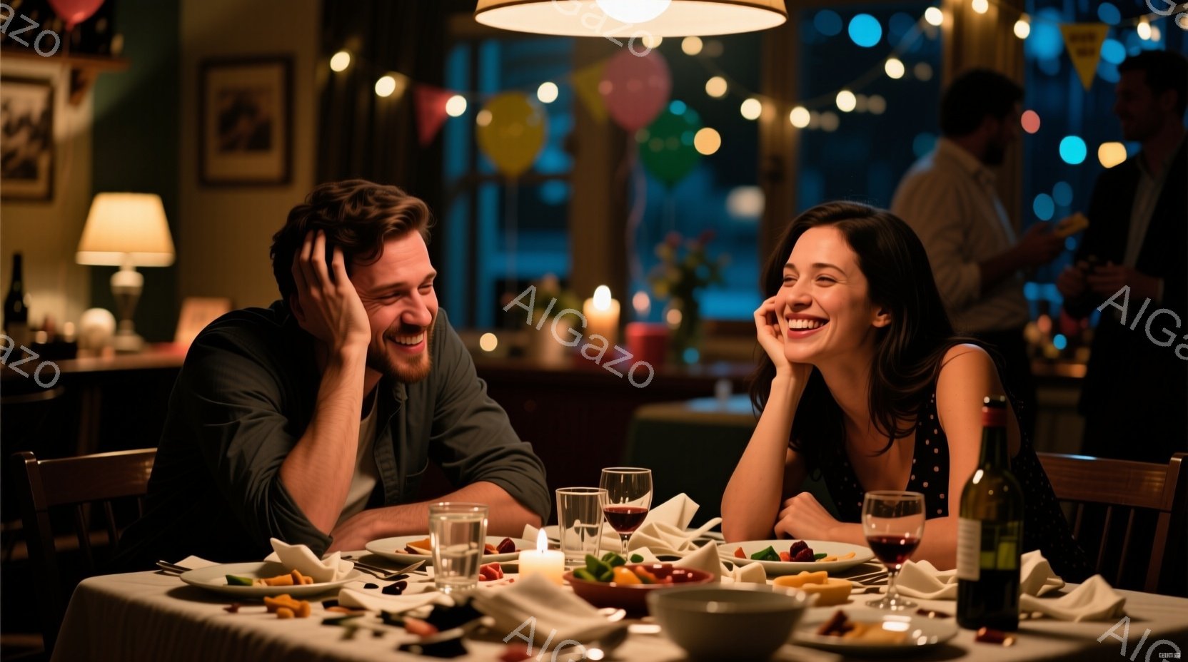 暖炉のあるレストランで、ヒゲを生やした男性と笑顔の女性が向かい合って座っています。男性はグレーのシャツを着ており、女性は黒いドレスを着て、髪を後ろにまとめている様子です。テーブルには食べ残しやワイングラスが置かれ、背景にはぼやけた他の客や装飾が見え、温かく親密な雰囲気です。