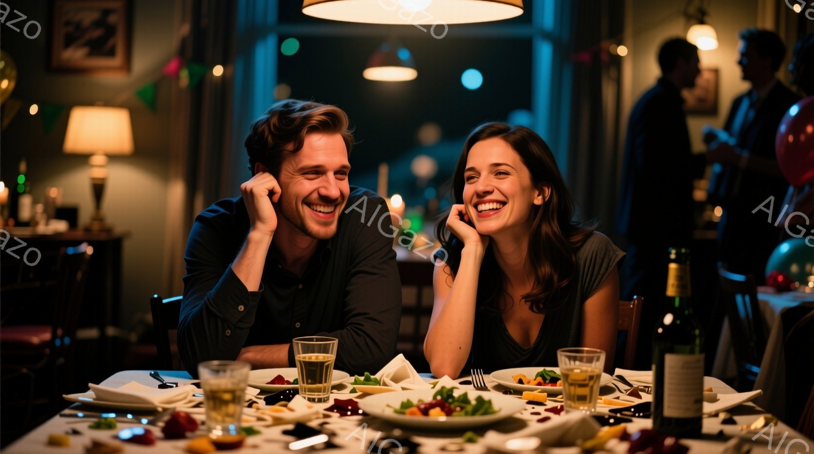 濃い茶色の髪の男性と茶髪の女性が、夕食の席で微笑み合っています。男性は濃い青色のシャツを着ており、女性は黒いトップスを着ています。背景には他の人々が写っており、テーブルには飲み物や料理が並び、お祝いの - AI生成フリー素材