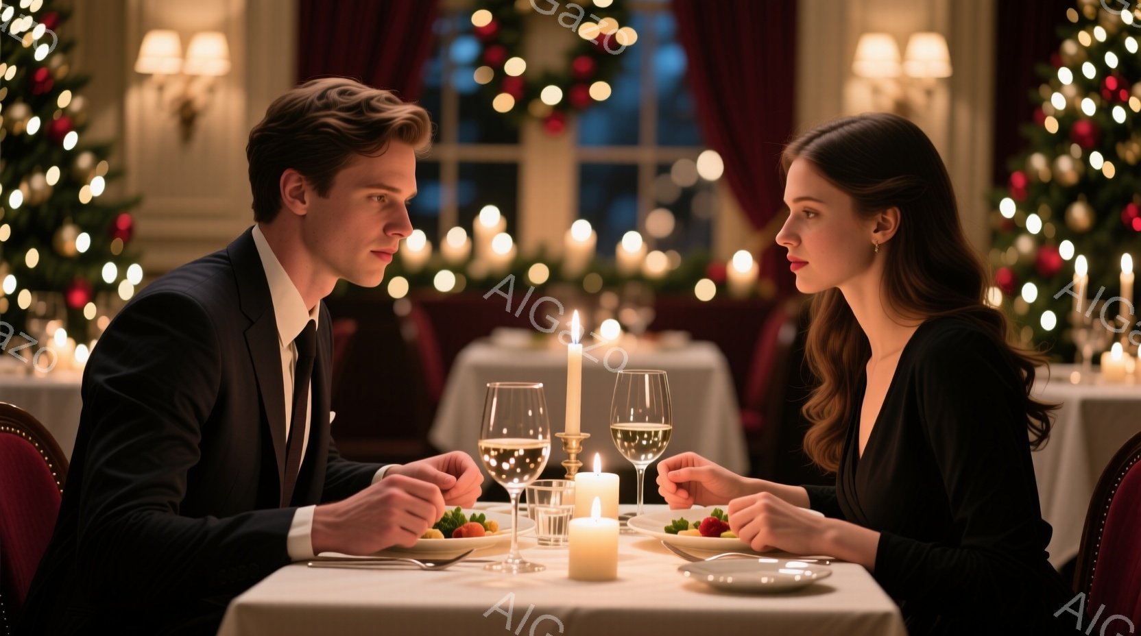 鮮やかなクリスマスツリーを背景に、フォーマルな服装をした男女がレストランで向かい合って食事をしている。男性は黒いスーツにネクタイ、女性は黒いドレスを着ており、お互いを見つめ合い、少し微笑んでいる様子が見て取れる。キャンドルやワイングラスが置かれたテーブルと、暖かな光が、ロマンチックで特別な雰囲気を作り出している。