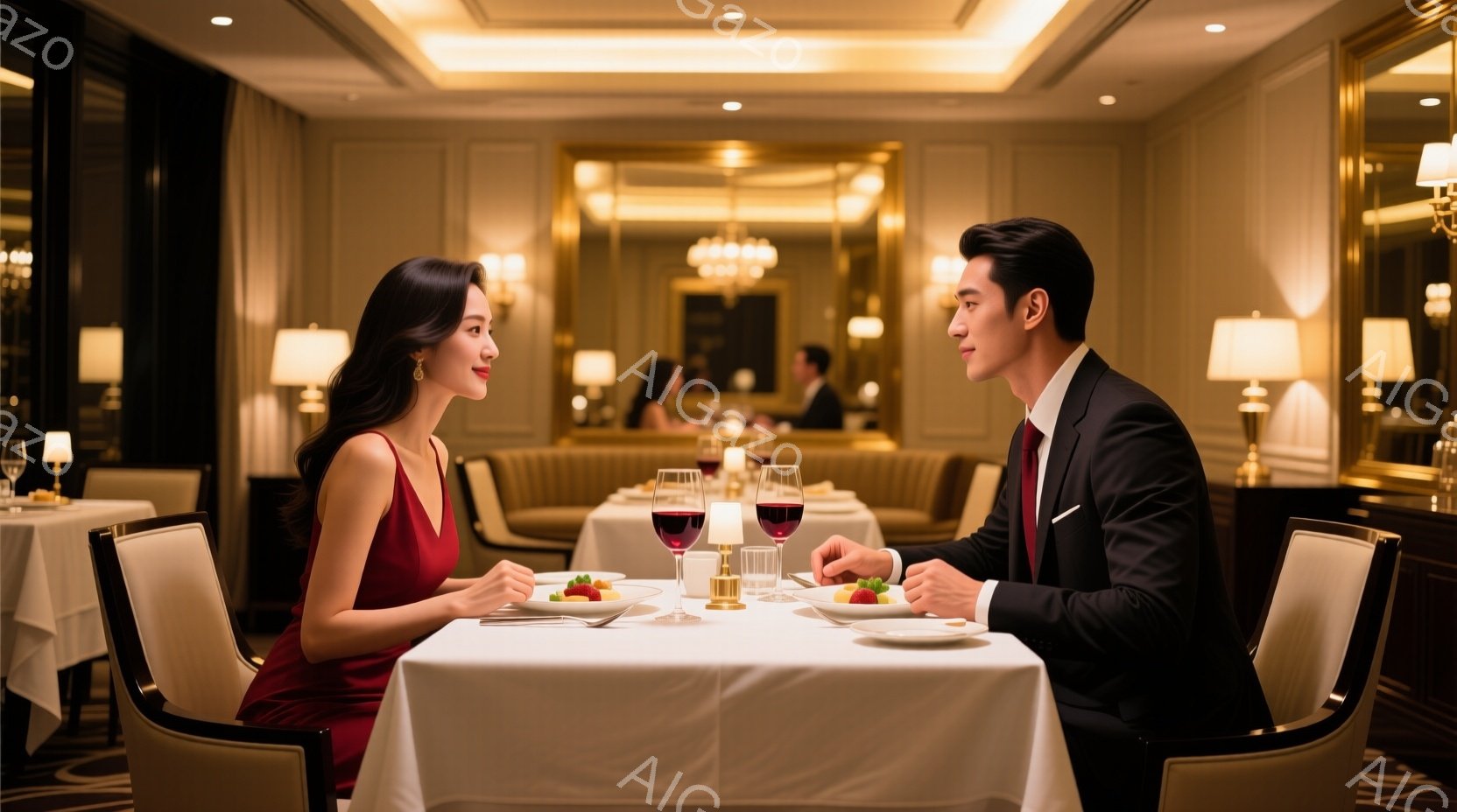 赤いドレスを着た女性と黒いスーツを着た男性が、上品なレストランで向かい合って食事をしています。女性は長い黒髪で、微笑みを浮かべており、男性は真剣な表情で彼女を見つめています。背景には豪華な内装と他の客 - AI生成フリー素材