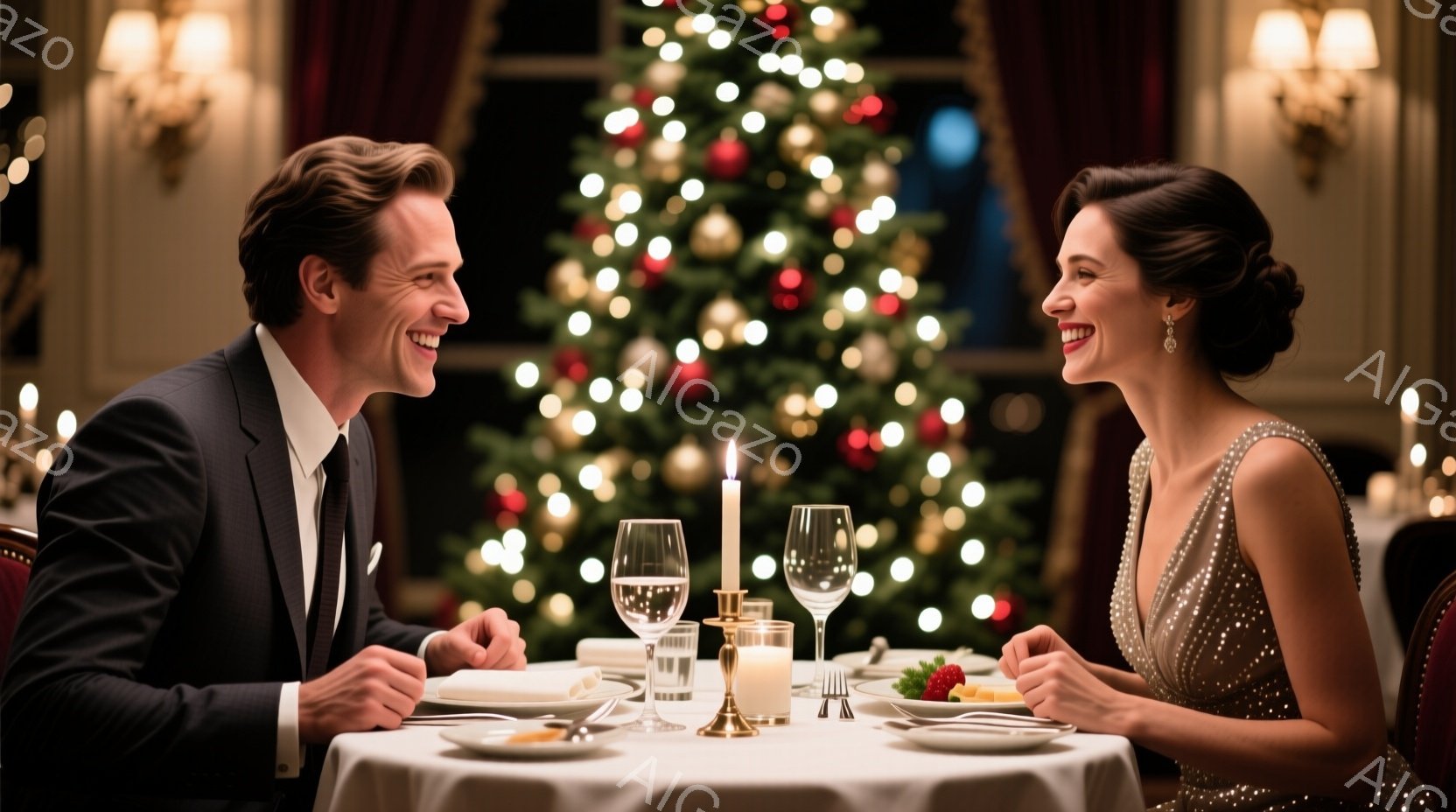 豪華なレストランで、一対の男女が向かい合って食事を楽しんでいます。男性は黒いスーツに白いシャツ姿で、満面の笑みを浮かべており、女性はキラキラと輝くベージュのドレスを身につけ、同じく笑顔を浮かべています - AI生成フリー素材