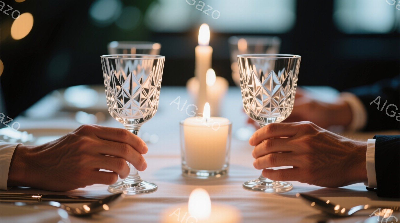 テーブルの上には、繊細なカットが施されたワイングラスが2つ並び、互いにグラスを掲げる手の様子が捉えられています。グラスの周囲には小さなキャンドルが灯され、テーブル全体が温かく柔らかな光に包まれています。背景はぼかされており、高級レストランのようなフォーマルな雰囲気で、ロマンチックなディナーのワンシーンを切り取っているようです。