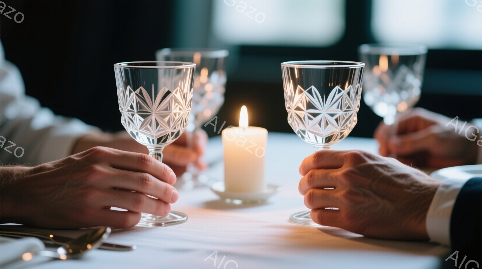 テーブルの上には、繊細な模様が施されたワイングラスが並べられており、男性の手によって優雅に持たれています。中央には、温かい光を放つキャンドルが置かれ、白いテーブルクロスとグラスの反射が美しいコントラストを生み出しています。 このシーンは、フォーマルなダイニングにおける親密で特別なひとときを捉えており、洗練された大人の雰囲気が漂っています。