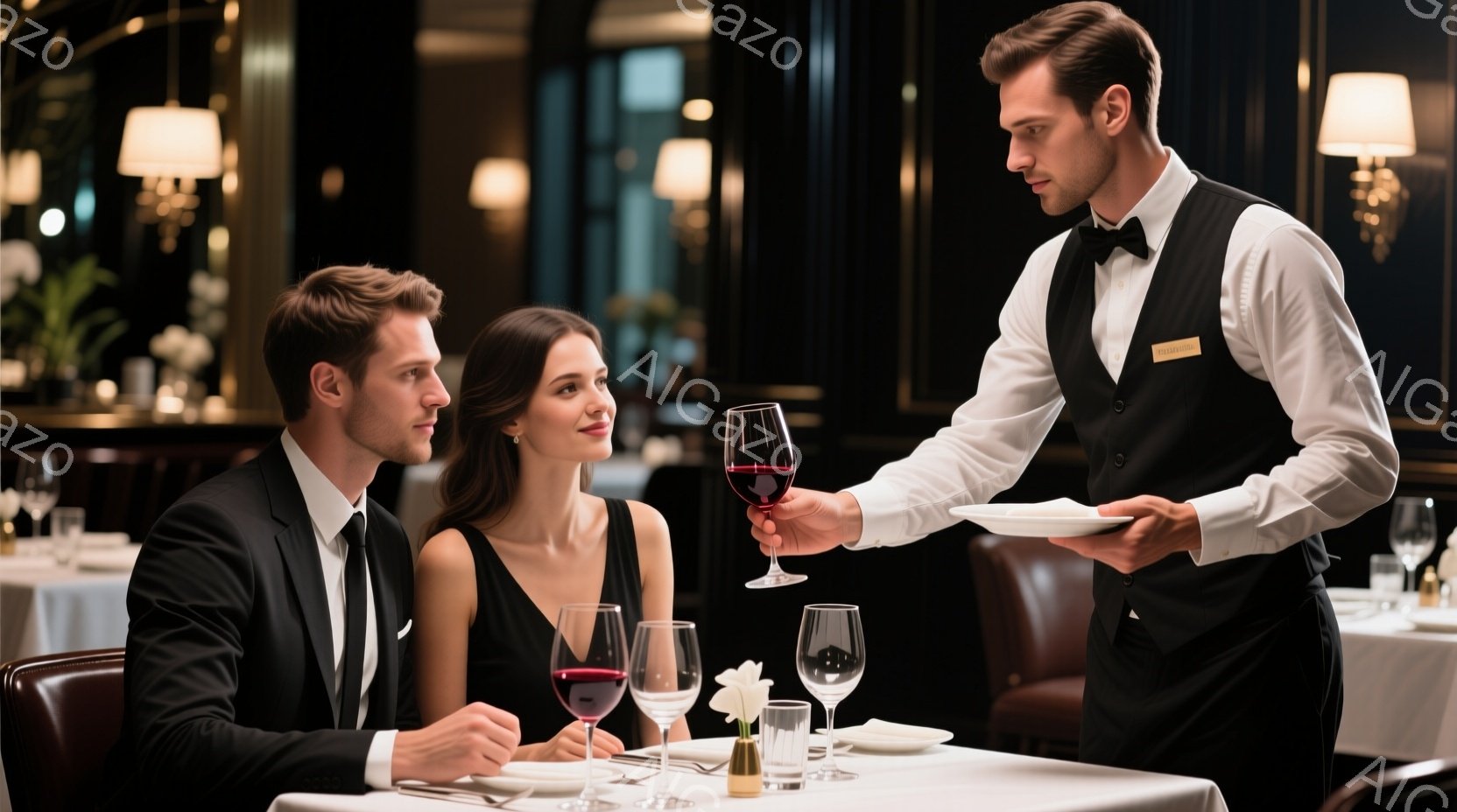 優雅なレストランで、男性と女性が向かい合って座り、ウェイターがワイングラスに赤ワインを注いでいる。男性は黒いスーツを着ており、女性は黒いドレスを着ており、どちらも上品な印象である。背景にはぼんやりと照明が見え、高級感のある落ち着いた雰囲気を醸し出している。