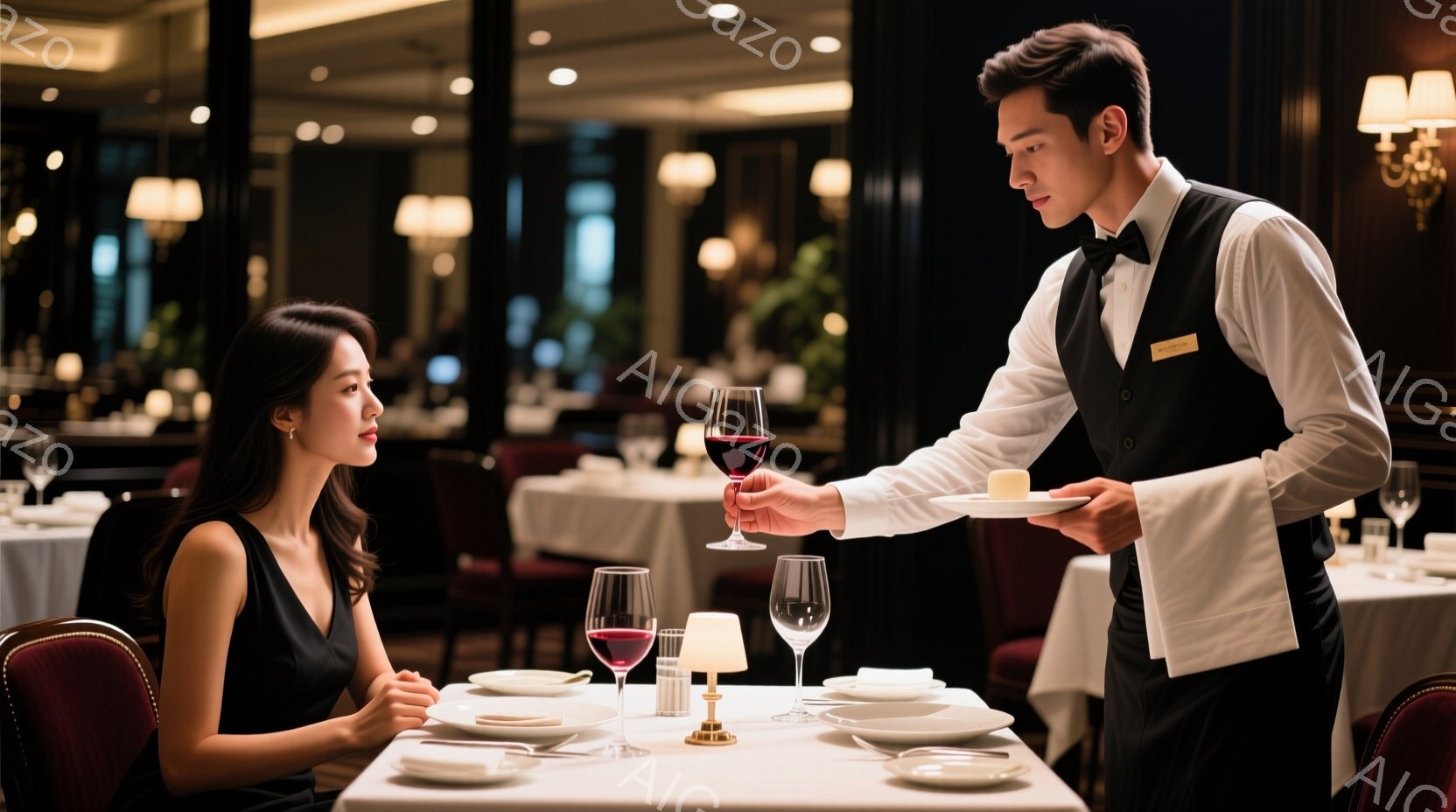 黒いドレスを着た女性がダイニングテーブルに座っており、ウェイターが彼女にワイングラスと小さな皿を差し出しています。ウェイターは黒いベストと白シャツ、そして蝶ネクタイを着用し、丁寧な姿勢でサービスを提供しています。背景には、他のテーブルと豪華な内装が見え、落ち着いた雰囲気の高級レストランであることがわかります。
