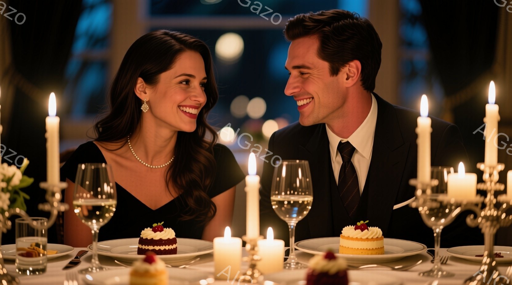 華やかなレストランで、美しい女性と紳士が向かい合って微笑み合っています。女性は黒いドレスに真珠のネックレスをつけ、髪は肩まで伸びています。男性は黒いスーツにネクタイを締め、笑顔で女性を見つめており、テーブルの上にはケーキとワイングラスが並び、ロマンチックな雰囲気を醸し出しています。