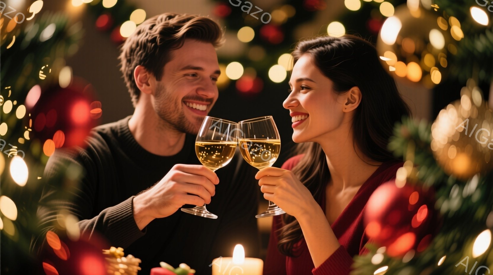 長い髪を無造作にまとめ、赤いセーターを着た女性と、髭を生やした男性がワイングラスを掲げ、互いに微笑み合っています。背景には、ぼやけたクリスマスツリーの飾りと暖かい光が溢れ、ロマンチックな雰囲気を作り出 - AI生成フリー素材