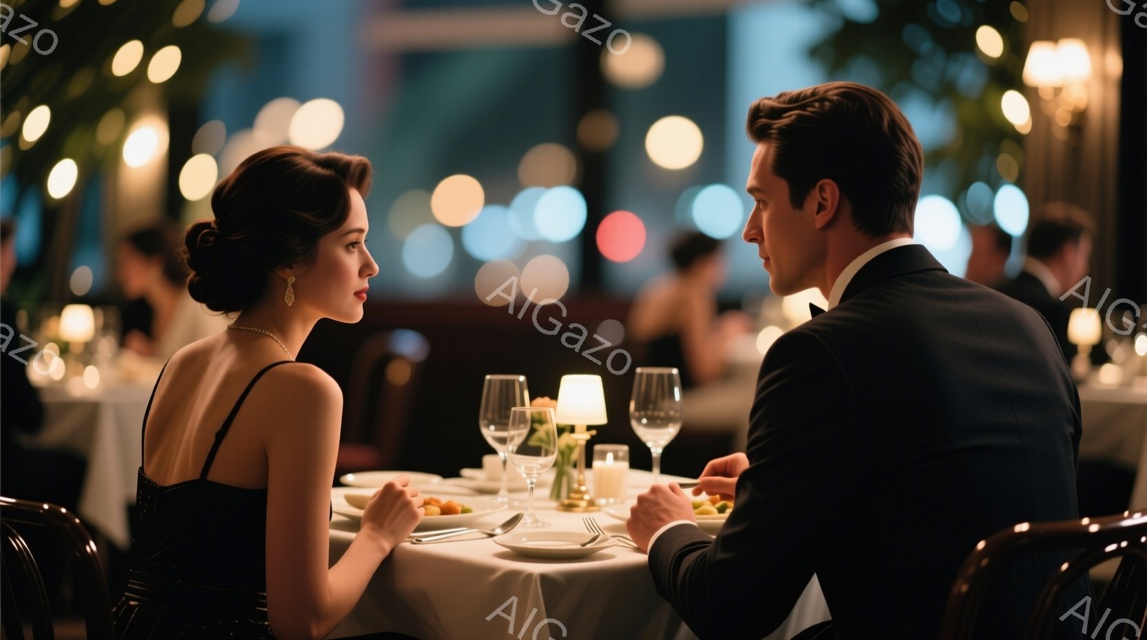 洗練されたレストランで、ドレス姿の女性とタキシード姿の男性が向かい合って座っている。女性は黒いドレスにアップスタイルで、真剣な表情で何かを考えているようだ。背景にはぼやけた都市の夜景が広がり、ロマンチックで少し緊張感のある雰囲気を醸し出している。