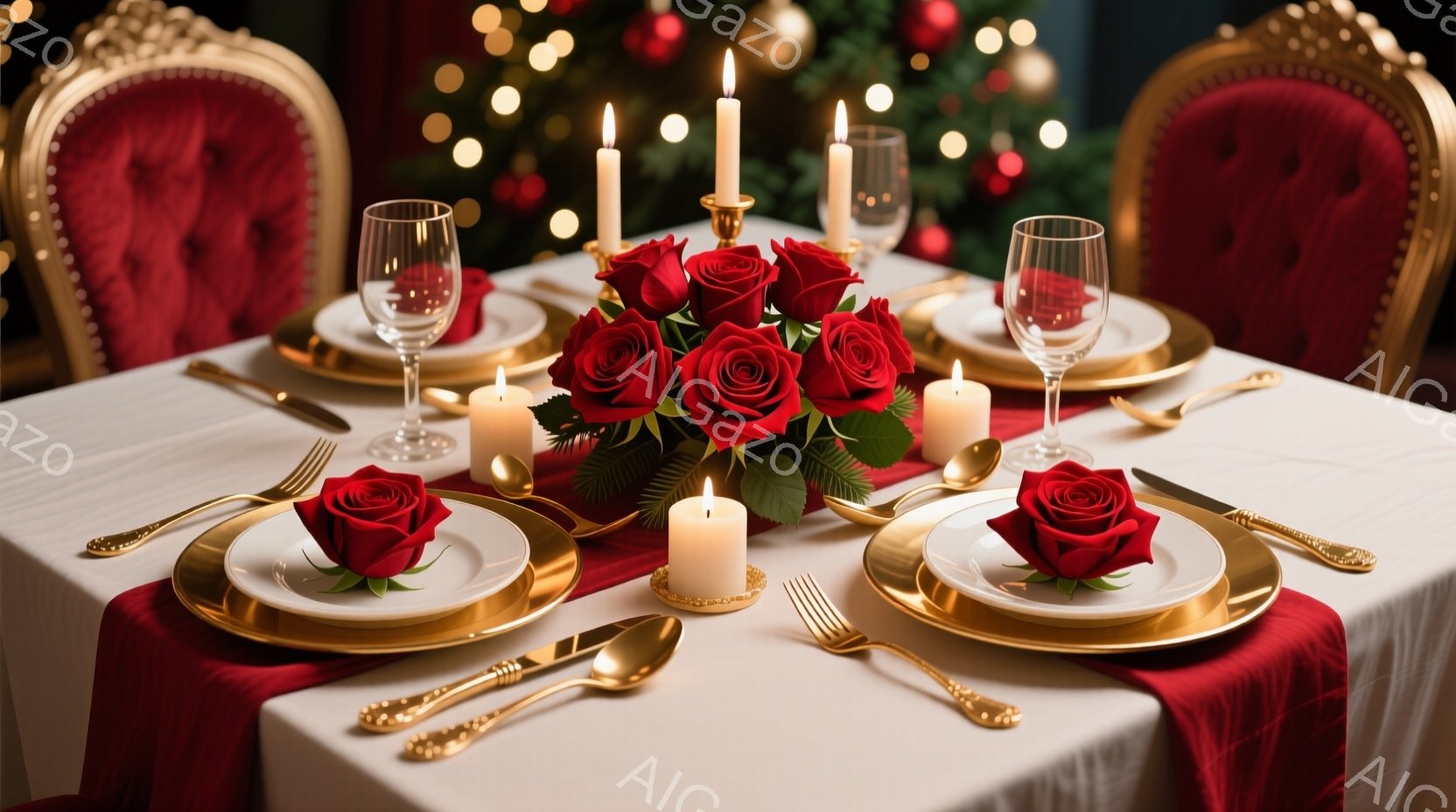 白いテーブルクロスの上に、金色の縁取りのある白い皿とグラスが左右対称に配置された、豪華なディナーセットが写っている。テーブルの中央には、赤いバラの花束と火の灯ったキャンドルが飾られ、背景にはぼやけたク - AI生成フリー素材