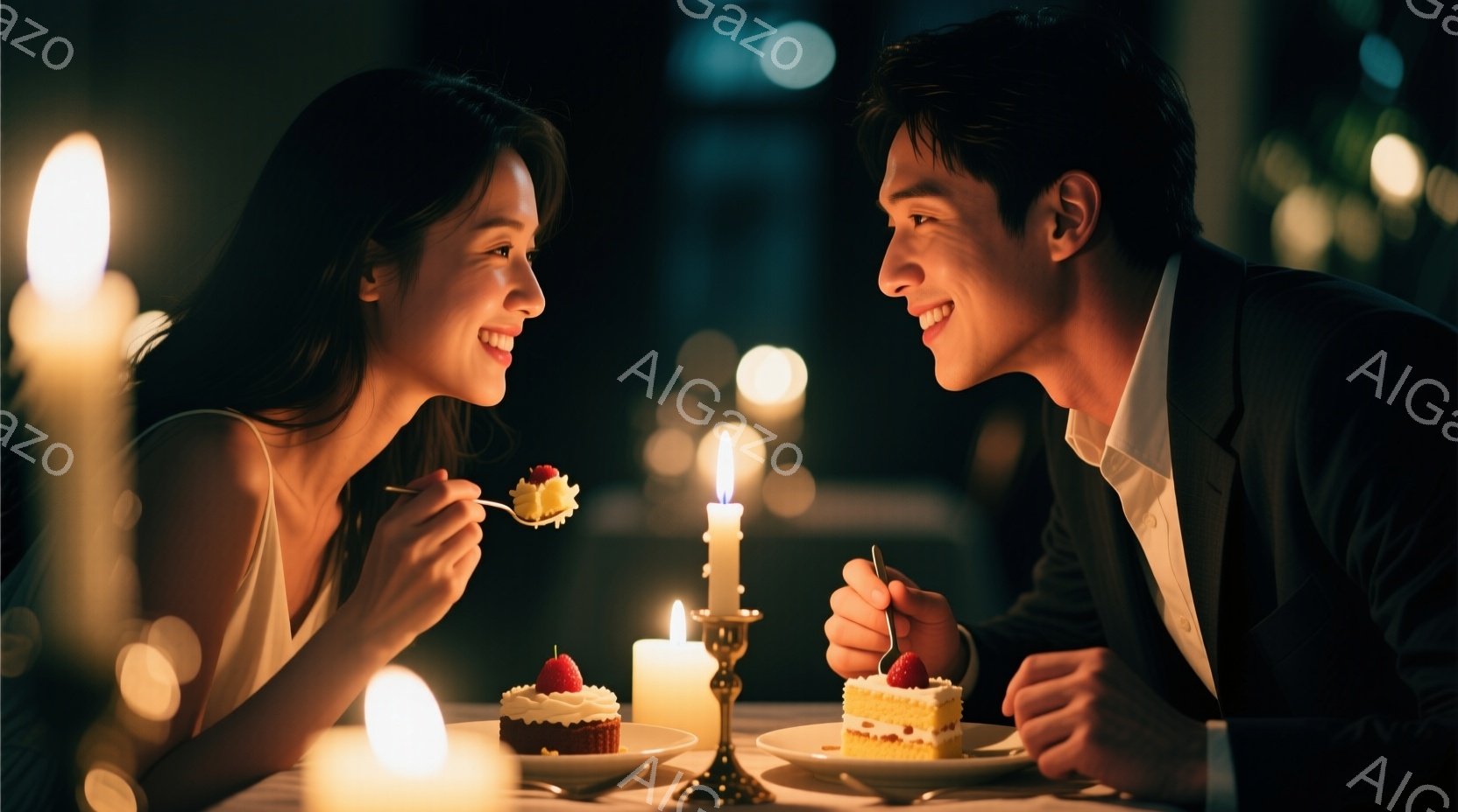 美しい女性と男性が、キャンドルライトに照らされたテーブルを挟んで向かい合って座っています。女性はオフショルダーの白いドレスを着ており、長い髪は肩にかかっています。男性は黒いスーツを着ており、二人ともケーキをフォークで楽しそうに食べており、互いに微笑み合っています。