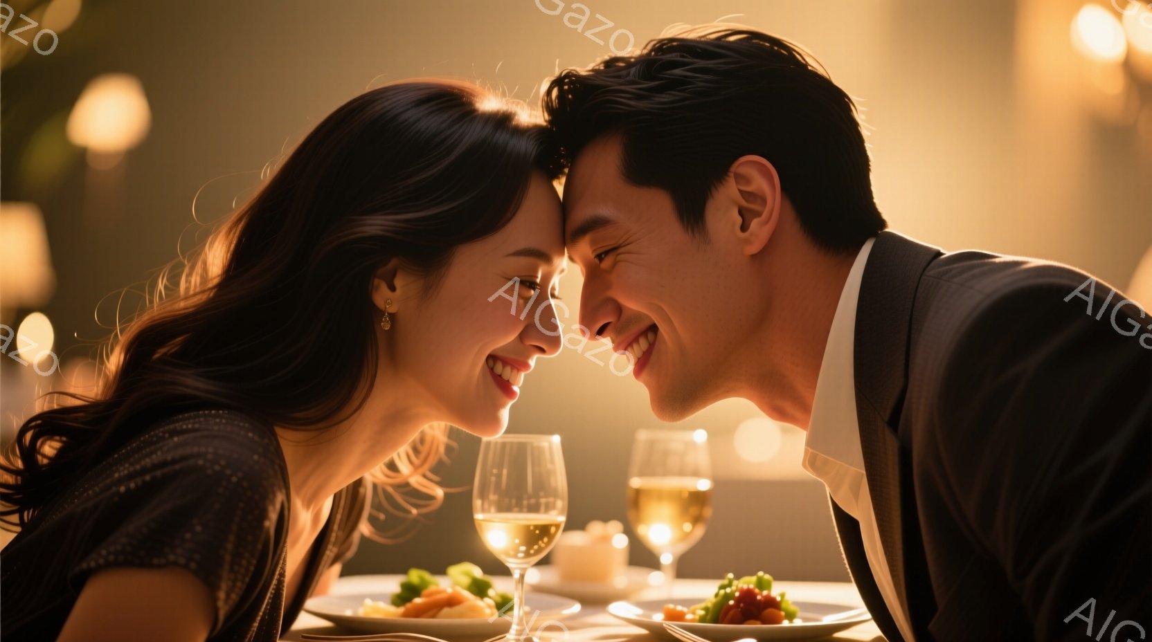 魅力的な女性と男性が互いに微笑み合い、顔を寄せ合っている様子が捉えられています。女性は黒いレースのドレスを着ており、長く流れる髪は肩にかかっています。背景には、ぼやけた光のぼんやりとした輪郭と、テーブルの上に置かれたワイングラスと料理が見え、ロマンチックで親密な雰囲気を作り出しています。