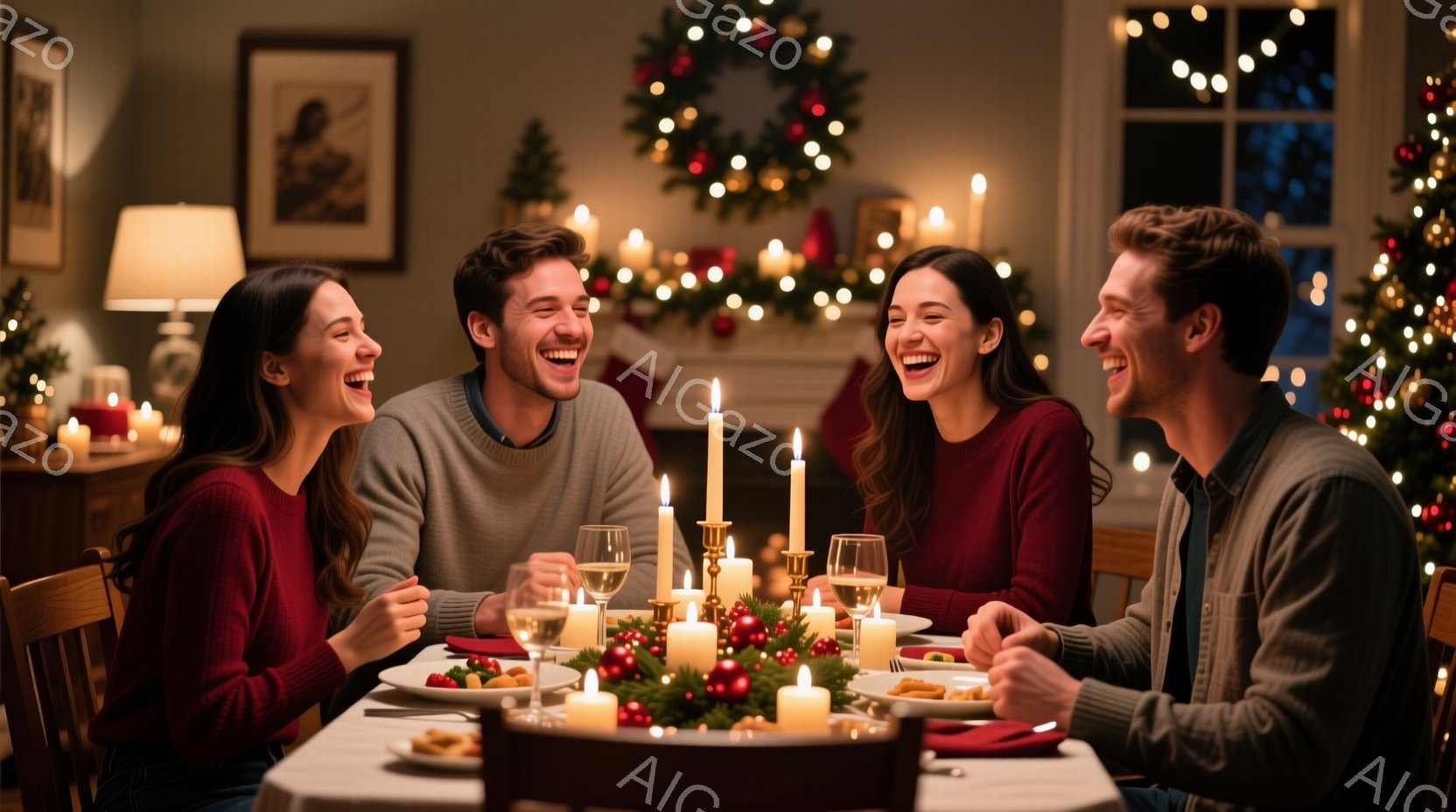 暖炉の光とキャンドルの明かりに照らされた食卓を囲み、男女４人が楽しそうに笑い合っています。女性は赤色のセーターを着ており、男性はグレーのセーターを着ています。背景にはクリスマスツリーやリースが見え、暖 - AI生成フリー素材