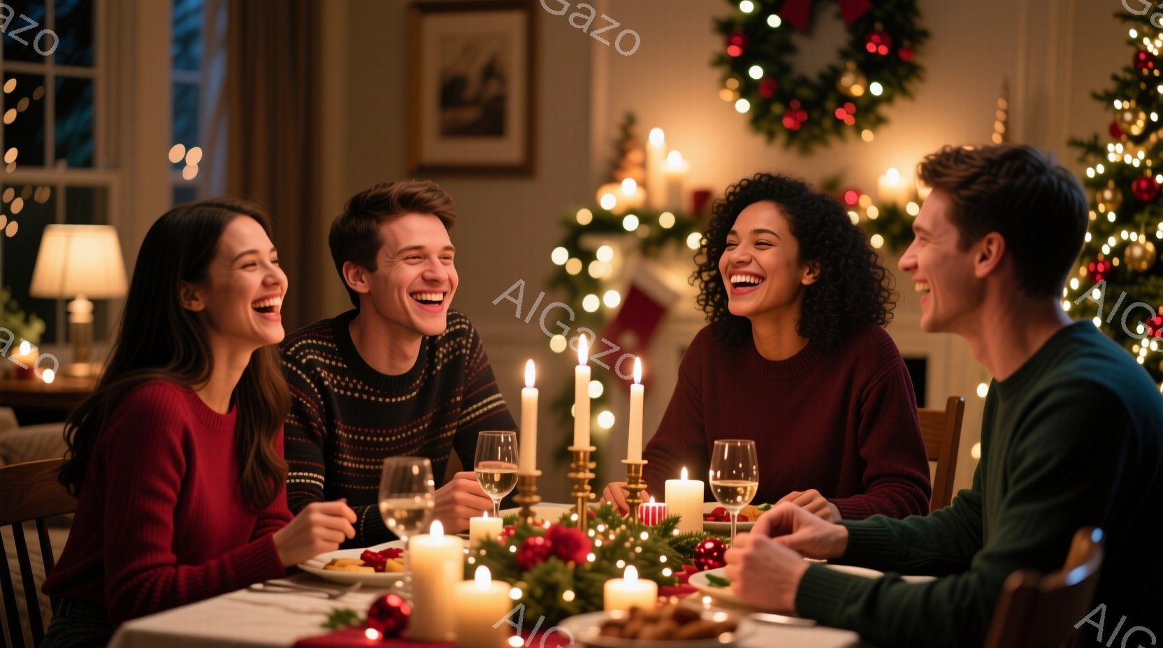 4人の男女が、クリスマスの飾り付けがされたダイニングテーブルを囲んで楽しそうに笑っています。女性は赤色のセーターを着ており、長い髪を肩に掛けています。男性はニットセーターを着ており、皆リラックスした姿勢でワイングラスを持っています。