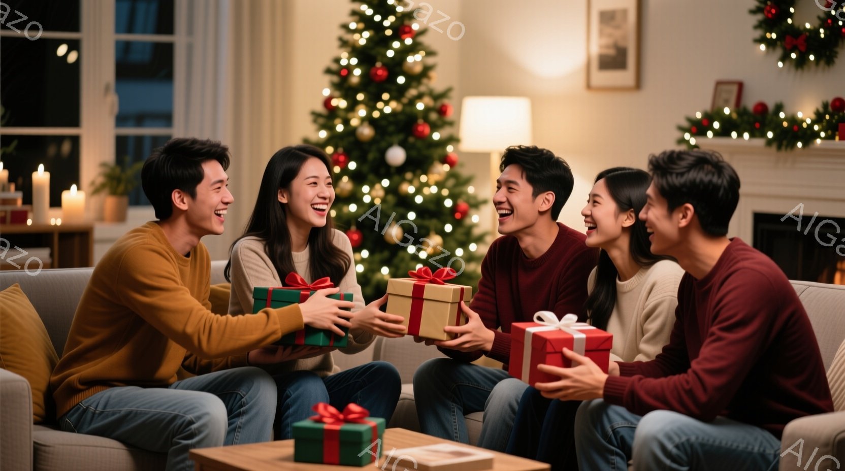 暖炉のあるリビングルームで、若い男女5人がクリスマスプレゼントを交換し合っている様子が描かれている。彼らは皆、カジュアルなセーターとジーンズ姿で、笑顔を浮かべ、お互いのプレゼントに興奮しているようだ。 - AI生成フリー素材