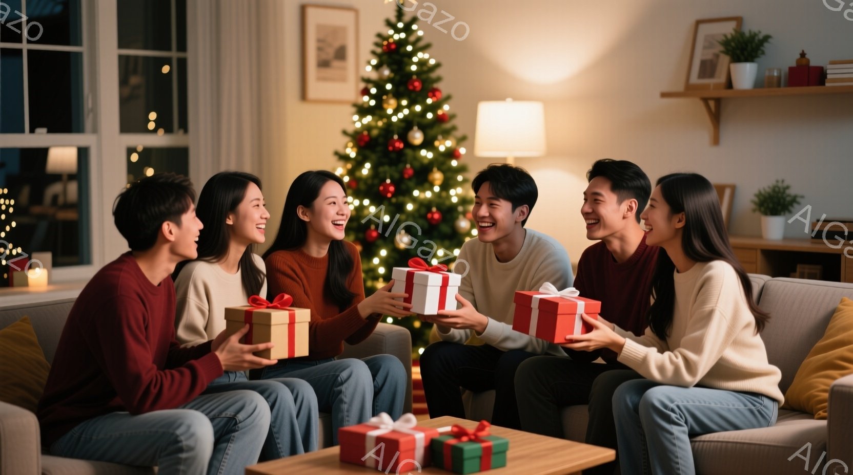 暖炉の火が灯るリビングで、若い男女５人がクリスマスプレゼントを交換している様子が写っている。それぞれカジュアルな服装で、笑顔を浮かべ、プレゼントを手にして喜びを分かち合っている。背景には飾り付けられたクリスマスツリーがあり、温かく幸せなクリスマスの雰囲気が漂っている。