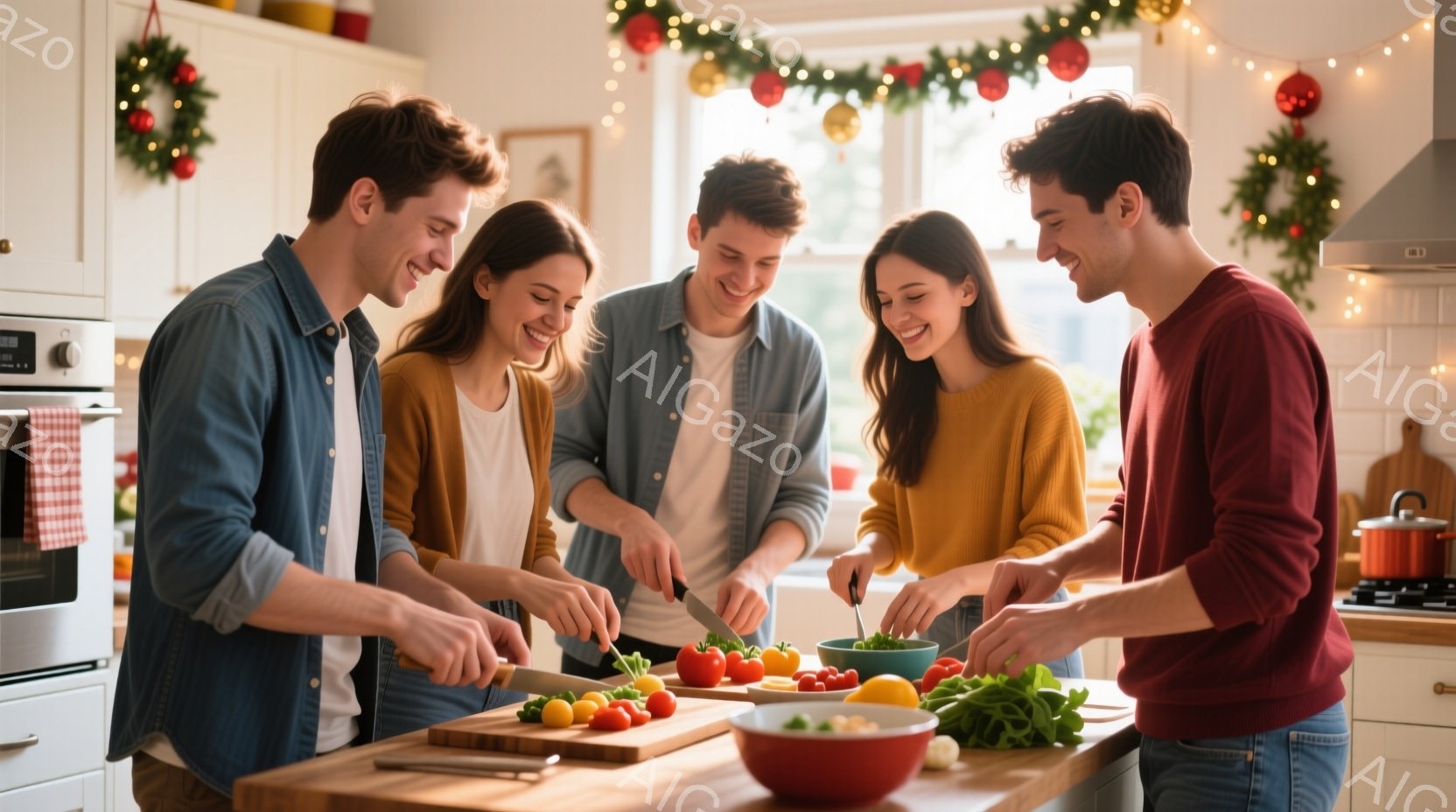 暖炉のある明るいキッチンで、若い男女が料理を楽しんでいる様子が写っている。女性はオレンジ色のセーターを着ており、男性はデニムシャツや赤色のセーターを着ている。彼らは皆笑顔で、野菜を切ったり、ボウルに盛 - AI生成フリー素材