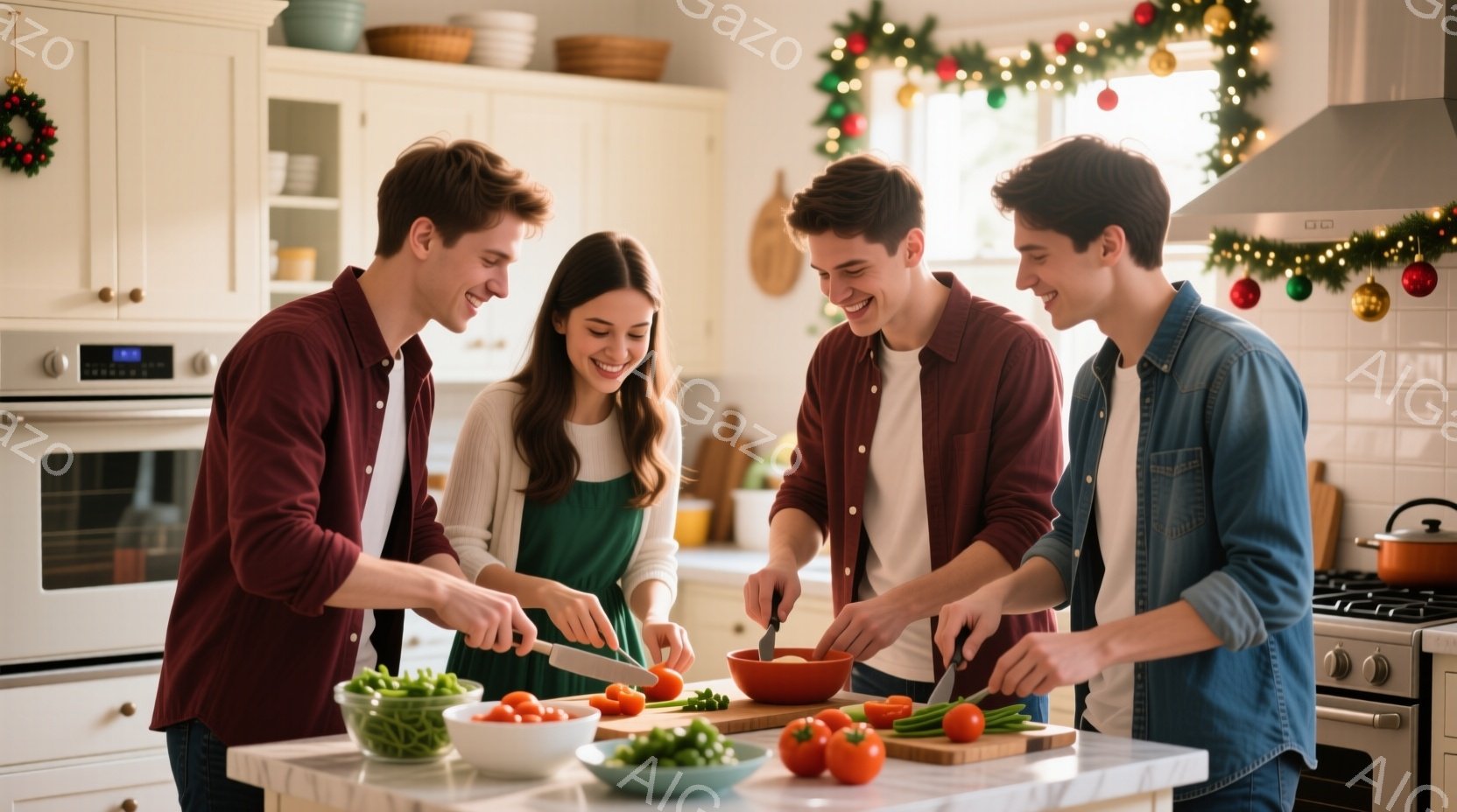キッチンのカウンターで、若い男女4人が野菜を切って料理をしている様子が写っています。赤いシャツを着た男性2人と、緑色のワンピースを着た女性、そしてデニムシャツの男性が笑顔で協力し合っています。背景には白いキャビネットやステンレス製の調理器具が見え、クリスマスガーランドが飾られており、温かく楽しい雰囲気が漂っています。