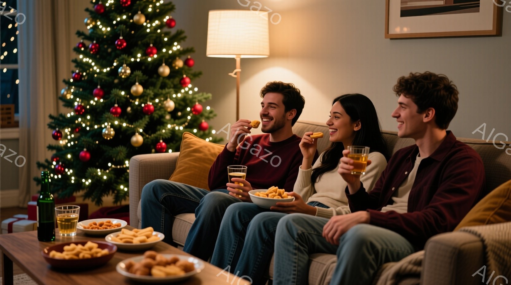 クリスマスツリーが飾られたリビングで、三人の若い大人がソファーに座ってスナックをつまんでいます。彼らは皆カジュアルな服装で、笑顔でリラックスした様子です。部屋は暖かく、ホリデーシーズンらしい温かい雰囲気が漂っています。