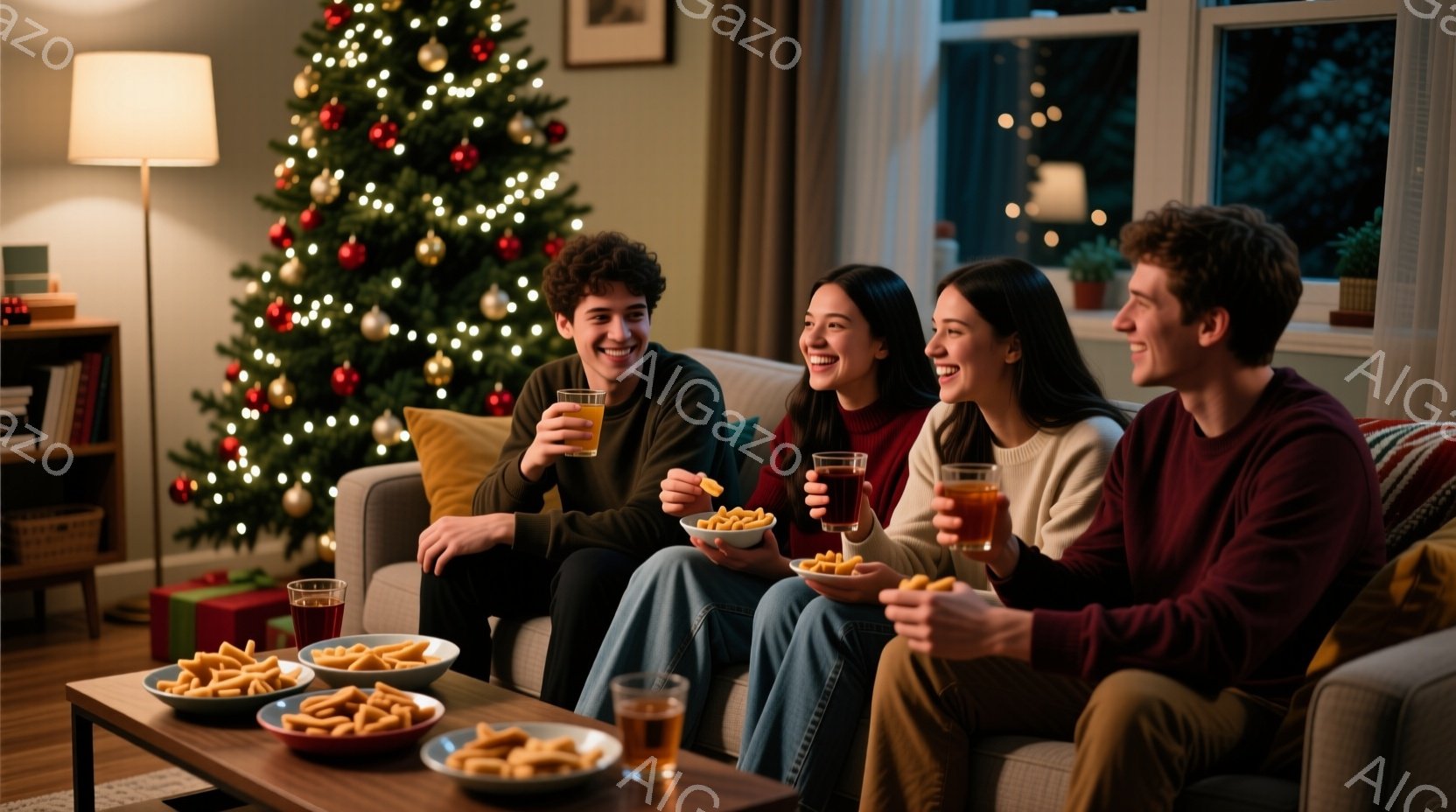 暖炉のそばのソファに4人の若者が座り、スナックと飲み物を楽しんでいます。彼らはカジュアルな冬の服装で、笑顔でリラックスした様子です。背景には、明るく輝くクリスマスツリーと、窓の外の暗い夜景が見え、温かく楽しい雰囲気が漂っています。