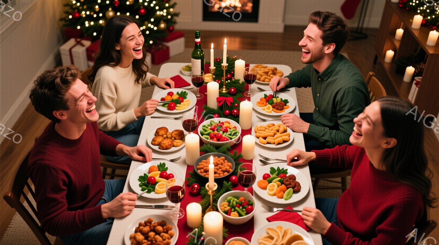 暖炉のある居間に、4人の男女がクリスマスディナーを楽しんでいる様子が写っています。全員が笑顔で、赤や緑のニットを着ており、リラックスした雰囲気が漂っています。テーブルには様々な料理とワインが並び、キャ - AI生成フリー素材