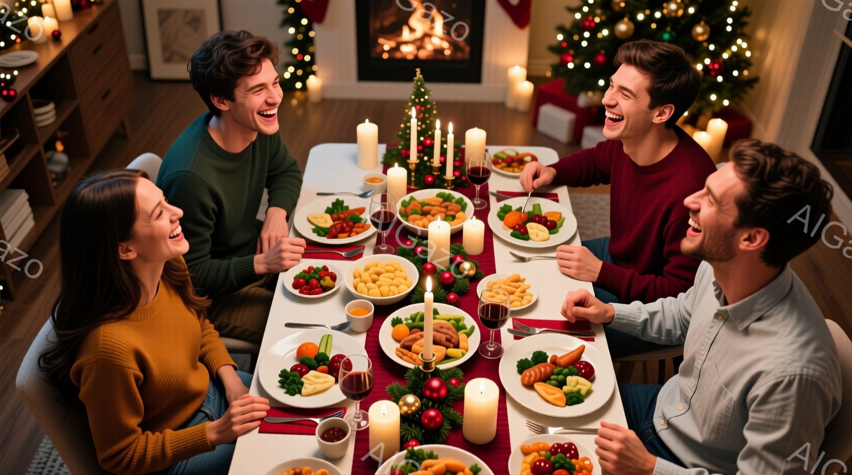暖炉とクリスマスツリーを背景に、四人の男女が食卓を囲んで楽しそうに笑っています。彼らはそれぞれ黄色、赤、緑、ベージュのニットセーターを着ており、髪型は自然なスタイルで、満面の笑みを浮かべています。食卓には様々な料理が並び、ワイングラスも置かれており、温かく幸せなクリスマスの雰囲気が漂っています。