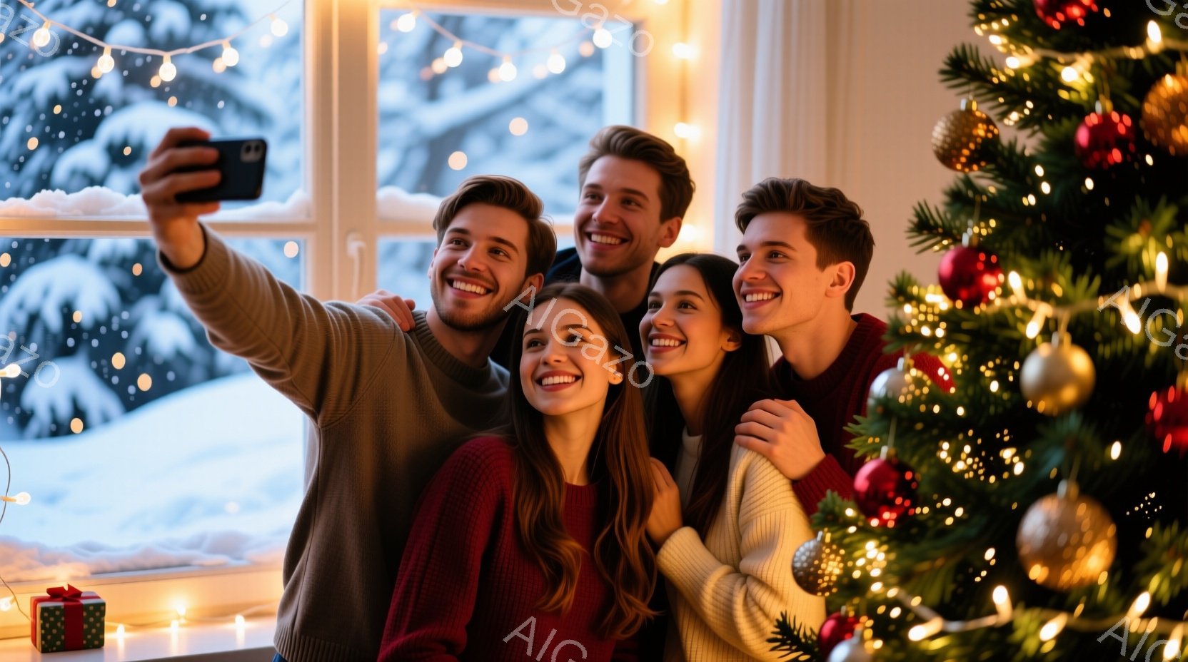 暖炉の光が温かい、クリスマスの背景の中で、若い男女4人が寄り添ってセルフィーを撮っています。女性は赤いセーターを着ており、男性はグレーやベージュのセーターを着ています。背景には雪景色が見え、クリスマスツリーが飾られ、幸せで賑やかな雰囲気が漂っています。