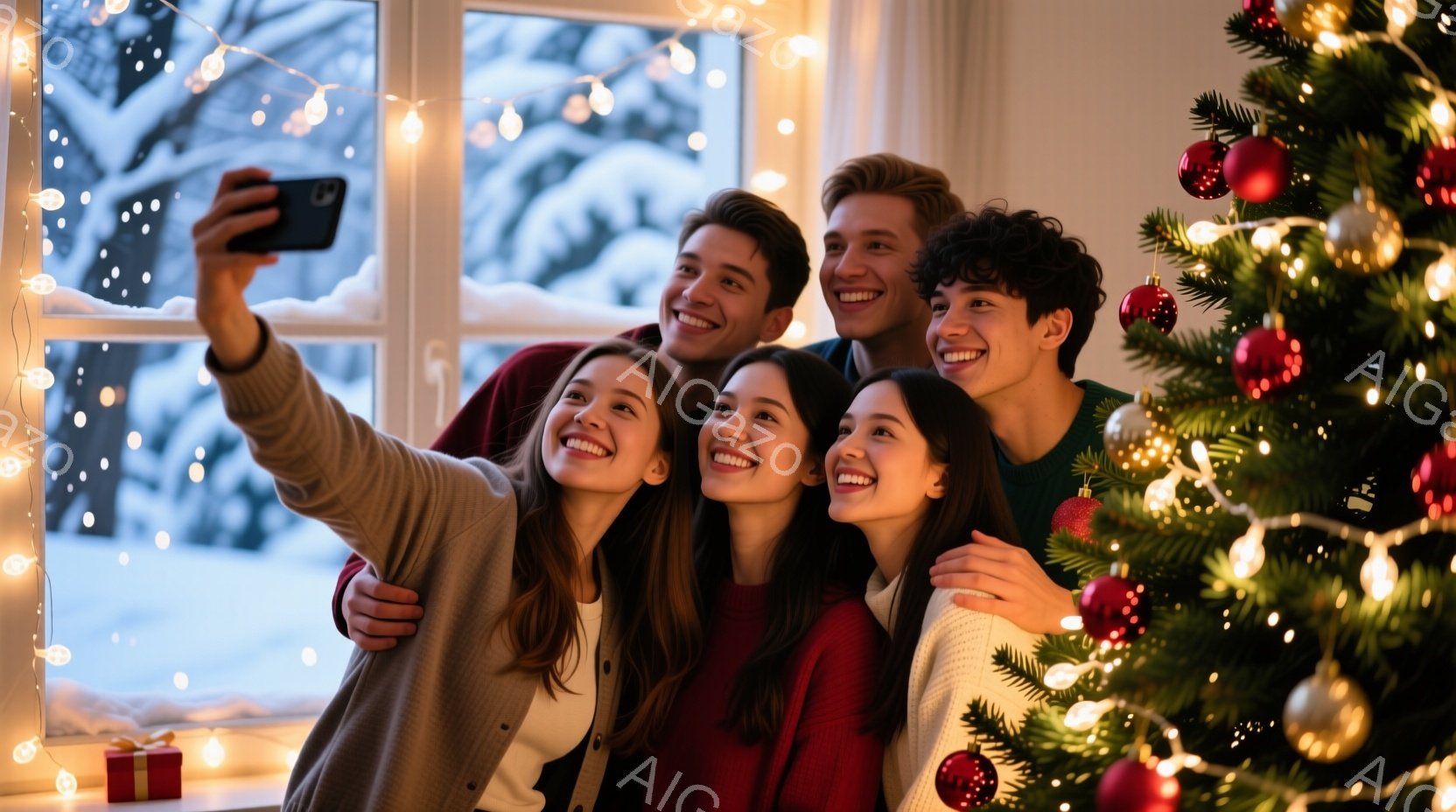 室内でクリスマスの飾り付けがされた背景の前で、若い男女４人が肩を組み、自撮りをしている様子が写っている。彼らは皆、笑顔で楽しそうで、カジュアルな服装で、女性はセーターやカーディガンを、男性はニットやシャツを着ている。背景にはクリスマスツリーやオーナメント、雪の降る窓が見え、全体的に暖かく、幸せなクリスマスの雰囲気が漂っている。