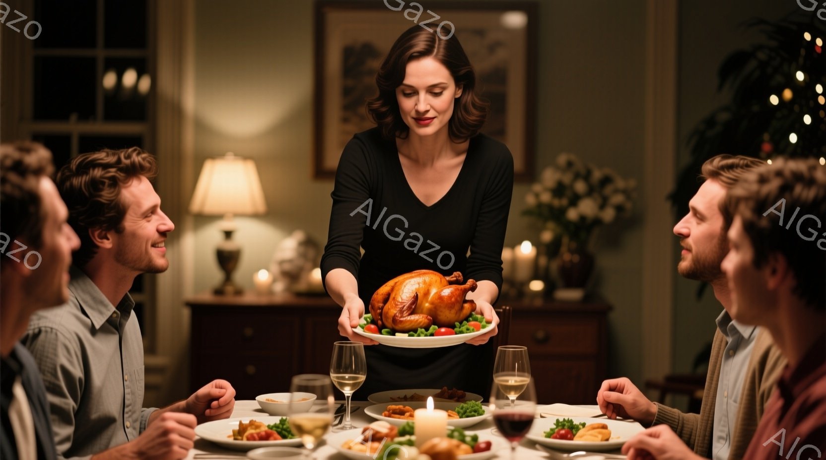 暖炉のあるダイニングルームで、女性がローストターキーを両手でテーブルに提供している。彼女は黒いドレスを着ており、髪は後ろでまとめられている。テーブルにはワイングラスと食事が並べられ、周囲の男性たちは笑顔で彼女を見つめている。
