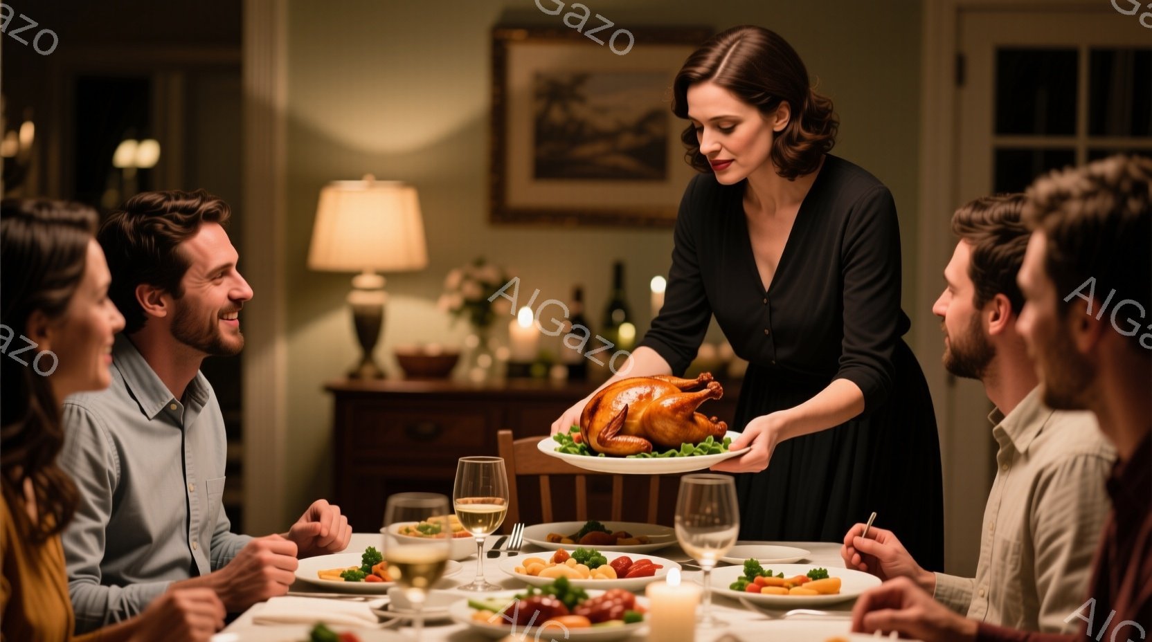 テーブルを囲んで夕食をとる人々の様子が写っている。女性は黒いワンピースを着ており、ローストチキンを両手で抱えて他の人々に提供しようとしている。背景には暖色の照明と絵画があり、温かく親密な家庭的な雰囲気が漂っている。