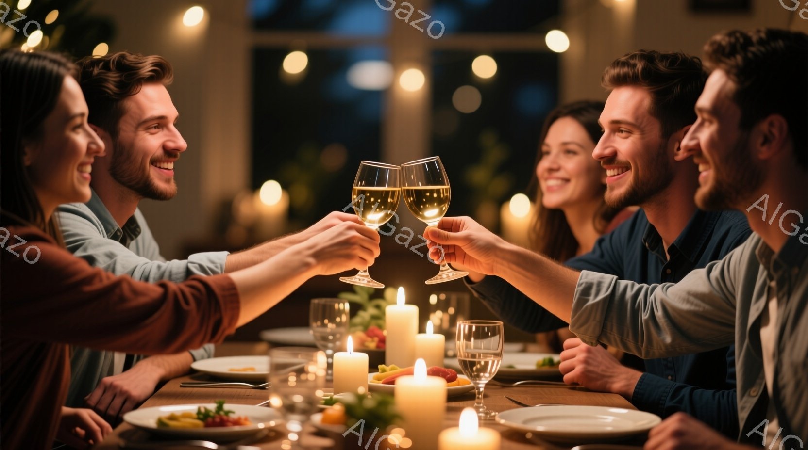 暖炉の光とキャンドルの明かりが灯る食卓で、男女がワイングラスを交えて乾杯しています。男性は紺色のシャツを着ており、女性は茶色のトップスを着ており、皆笑顔で楽しそうにしています。背景はぼかされており、温かく親密な雰囲気です。
