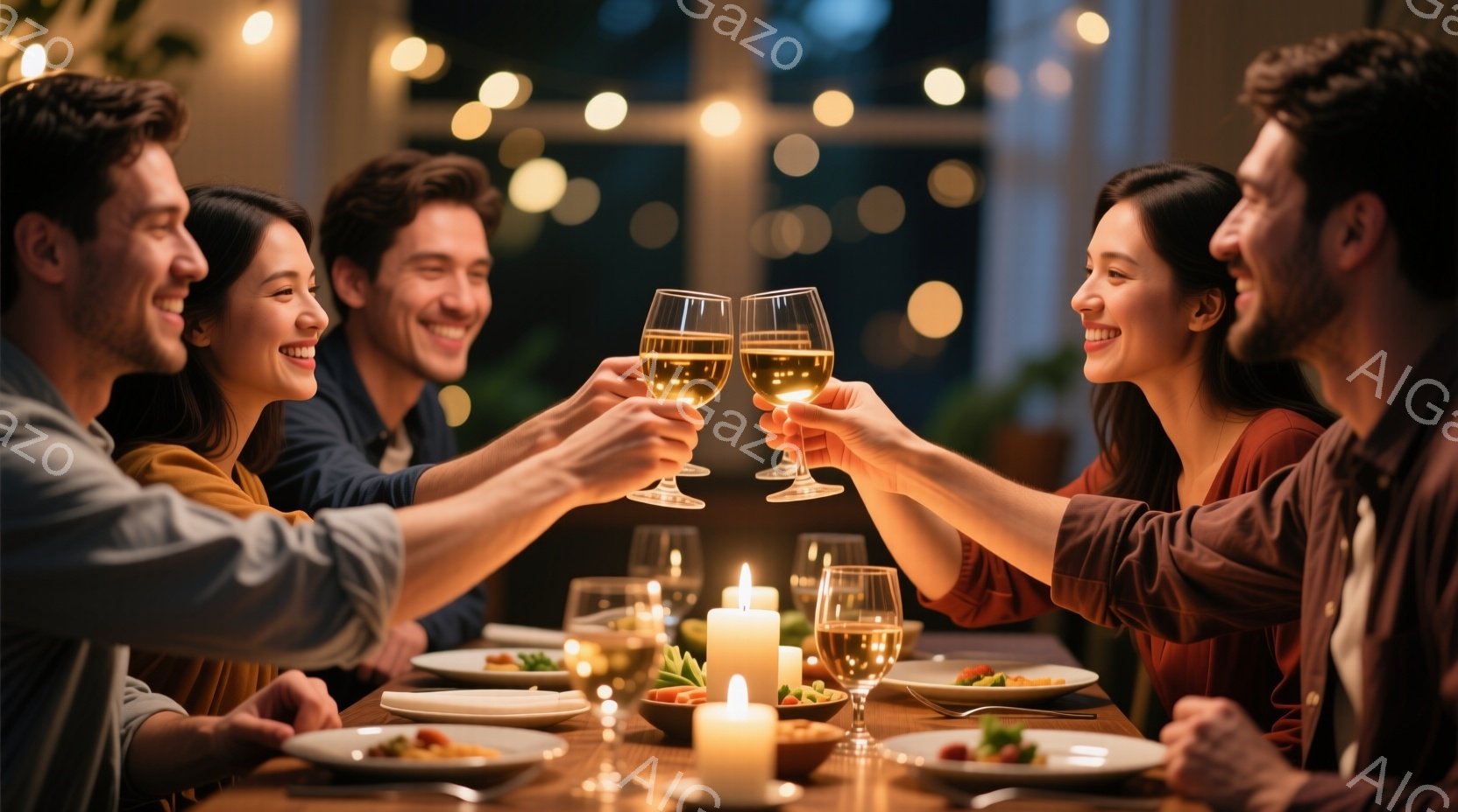 4人の男女がテーブルを囲み、ワイングラスを高く掲げて乾杯しています。彼らは皆カジュアルな服装で、笑顔を浮かべており、髪型もそれぞれ異なり、リラックスした雰囲気です。背景にはぼんやりと光る光があり、テーブルには料理とキャンドルが置かれ、温かく親密なディナーの光景が広がっています。