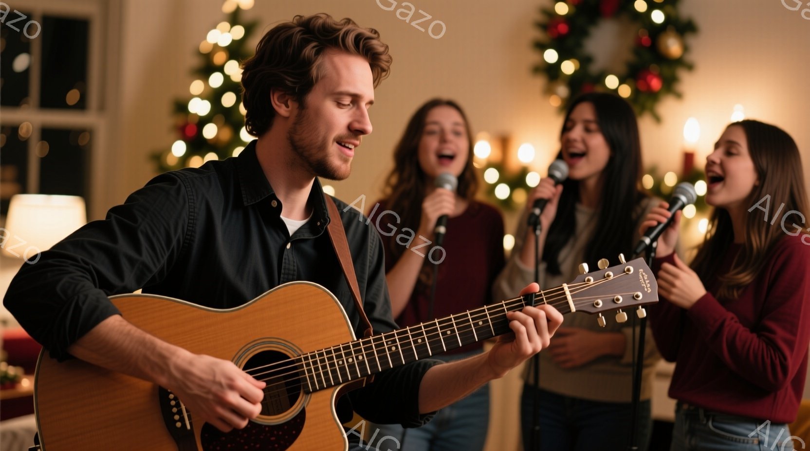 暖炉のそばでギターを弾きながら歌う男性と、マイクを持って熱心に歌う女性たちが写っている。男性は黒いシャツを着ており、少し無精髭を生やし、笑顔で演奏に集中している。背景にはクリスマスツリーや飾り付けがぼんやりと見え、温かく、楽しい雰囲気が漂っている。