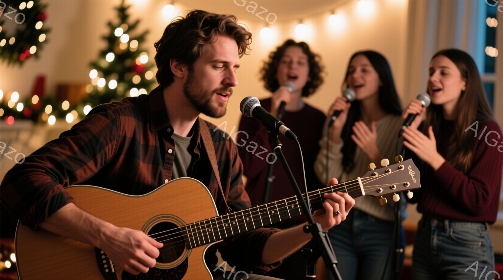 ギターを弾く男性を中心に、マイクを持った女性たちが歌っている様子が写っている。男性はチェック柄のシャツを着ており、女性たちはカジュアルな服装で、皆楽しそうな表情をしている。背景にはクリスマスツリーと電飾が飾られ、温かく、親密な雰囲気が漂っている。