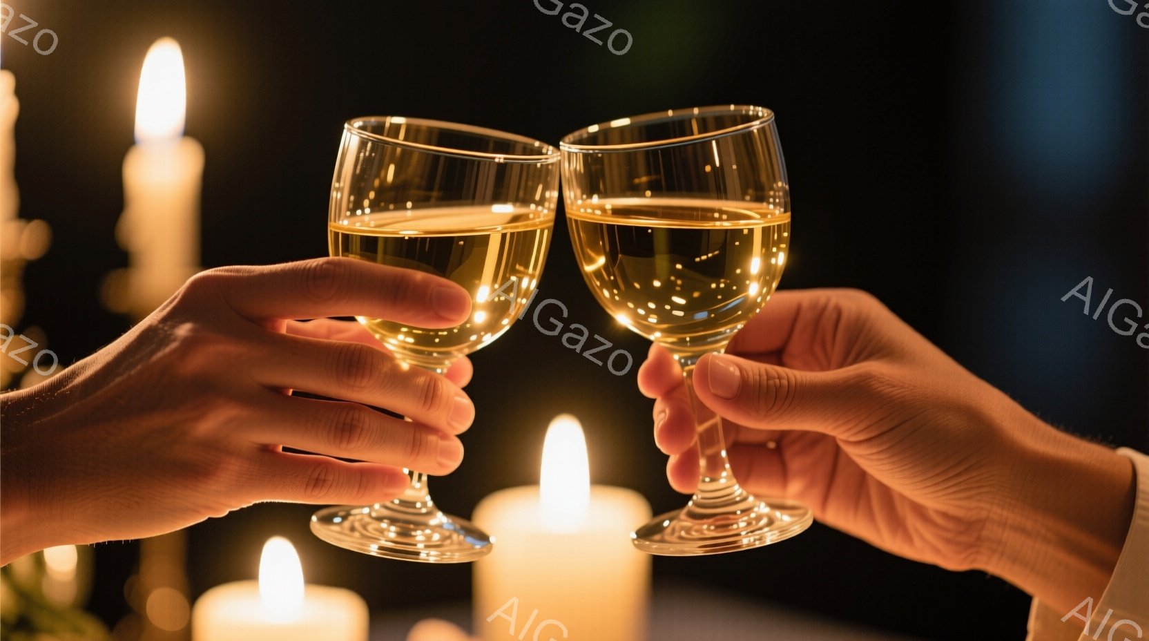 二つのグラスが互いに触れ合い、金色の液体が輝いている。背景には、ぼんやりとした光を放つ複数のキャンドルが並び、温かくロマンチックな雰囲気を醸し出している。このシーンは、特別な夜や祝祭を暗示しており、優雅さと親密さを感じさせる。