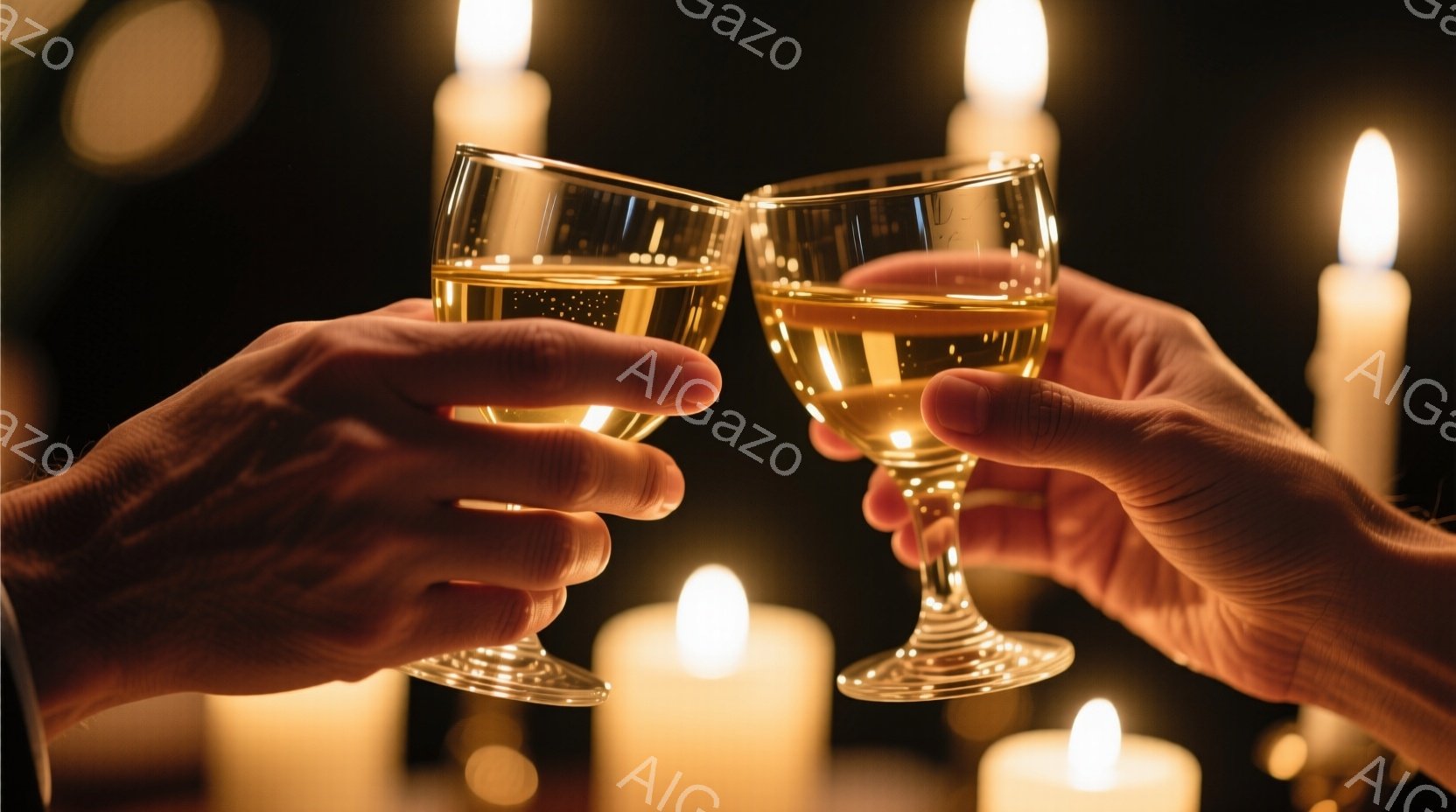 暖かい光の中で、二人の手がクリスタルのグラスを高め合わせて乾杯している様子が捉えられている。グラスには泡立つ金色の液体が入っており、背景にはぼやけたキャンドルの光が点在し、ロマンチックで親密な雰囲気を醸し出している。手元しか写っていないため、服装や表情は不明だが、特別な夜を祝う、または大切な瞬間を分かち合う様子が伝わってくる。