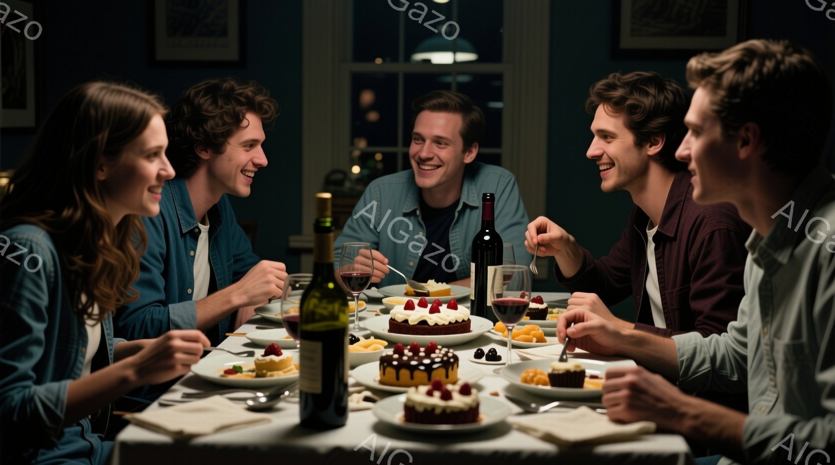 5人の男女が食卓を囲み、デザートとワインを楽しんでいます。皆、カジュアルな服装で、笑顔を浮かべており、リラックスした雰囲気が漂っています。背景には暖色の照明と絵画が見え、親密で温かい食事の光景が描かれています。