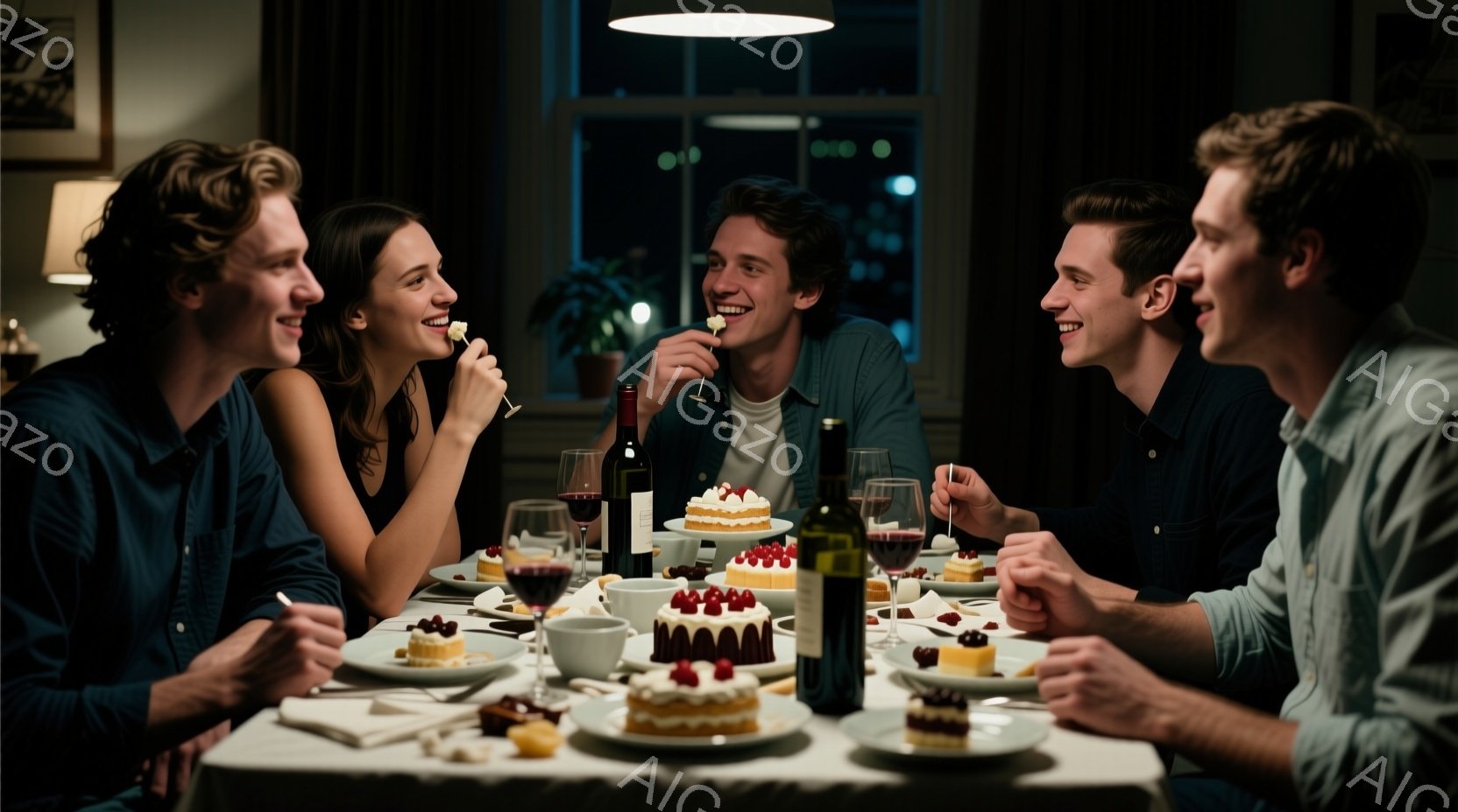 5人の若い男女がテーブルを囲んで食事をしている様子が写っている。全員がカジュアルな服装で、笑顔を浮かべている。テーブルの上にはワインボトルやケーキ、軽食が並び、背景には夜景がぼんやりと見える暖かく親密な雰囲気だ。
