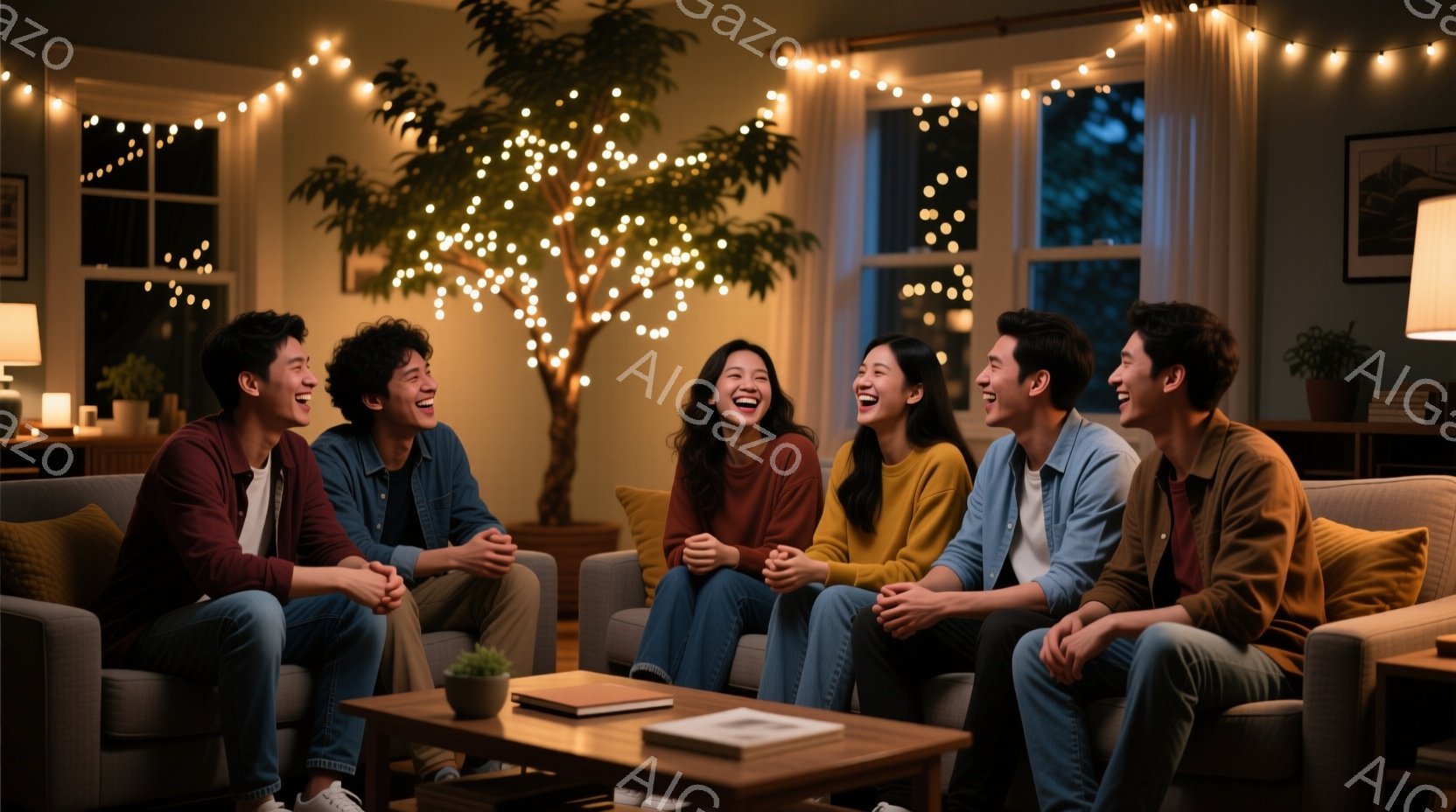 6人の若い男女がソファに座って笑い合っている様子が写っている。彼らはカジュアルな服装で、明るい表情で楽しんでいる。背景には、電飾で飾られた植物や、モダンなインテリアが見え、温かくリラックスした雰囲気が漂っている。