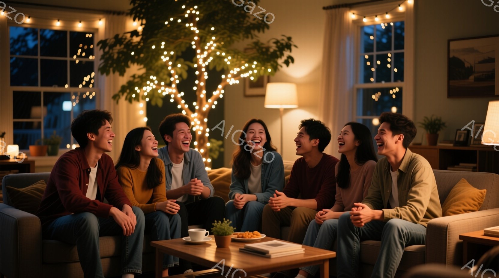 室内には、楽しそうに笑う6人の男女がソファに座っています。彼らはカジュアルな服装で、それぞれ異なる色のセーターやシャツを着ています。背景には、電飾で飾られた大きな植物や、温かい光を放つランプがあり、居心地の良い雰囲気を作り出しています。