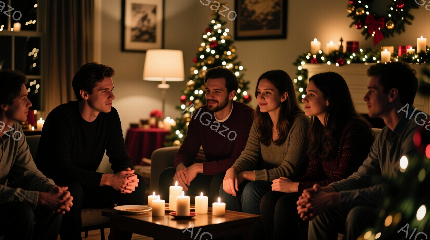 暖炉の前で５人がリラックスして座っており、穏やかな雰囲気が漂っています。全員が落ち着いた色のセーターやニットを着ており、ヘアスタイルも自然で、リラックスした表情をしています。背景にはクリスマスツリーが - AI生成フリー素材