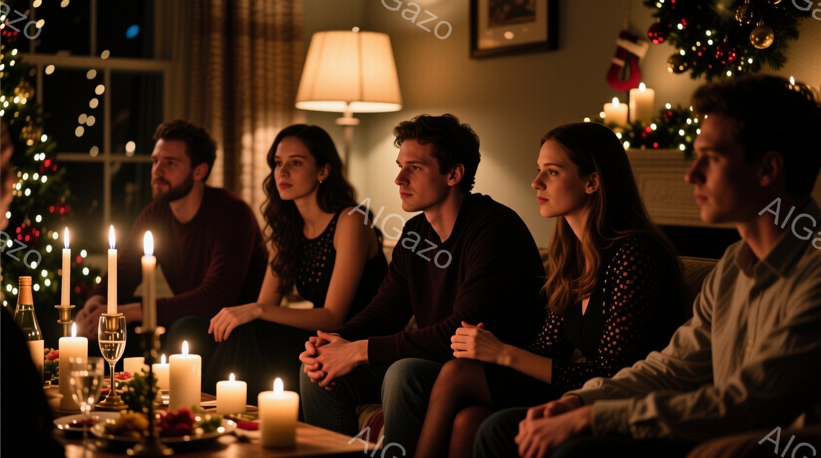 暖炉の光とキャンドルの灯りで照らされた部屋には、5人の男女が横一列に座っています。彼らはフォーマルな服装で、やや緊張した表情を浮かべており、何かに集中しているか、あるいは何か深刻な状況に直面しているかのようです。背景にはクリスマスツリーが飾られ、テーブルにはワイングラスや料理が並びますが、全体的な雰囲気は重く、静まり返っています。