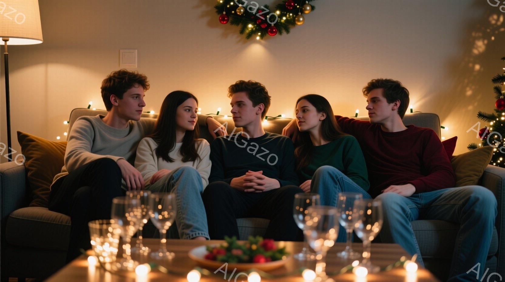 ソファに並んで座っている若い男女５人が写っています。彼らはそれぞれカジュアルな服装で、ヘアスタイルも自然な状態です。背景にはクリスマスツリーやキャンドルが置かれており、温かく親密な雰囲気が漂っています - AI生成フリー素材
