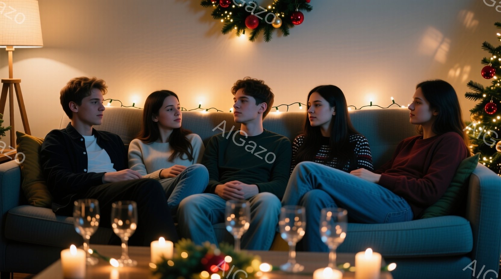 ５人の若者がソファに並んで座っており、皆少し憂鬱そうな表情をしている。彼らはカジュアルな服装で、男性はダークカラーのトップス、女性はセーターやブラウスを着ている。背景にはクリスマスツリーの飾りと光が灯 - AI生成フリー素材