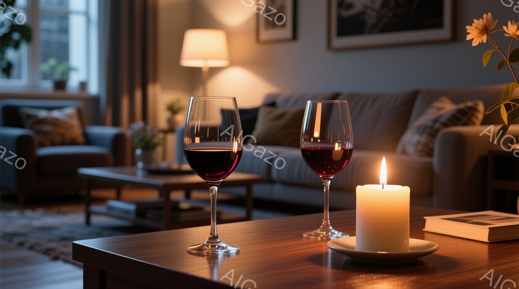 暖炉のあるリビングルームの木製のテーブルの上に、赤ワイングラスと灯りのともったキャンドルが置かれている。部屋は落ち着いたトーンで、ソファやクッションが配置され、居心地の良い雰囲気を醸し出している。背景 - AI生成フリー素材