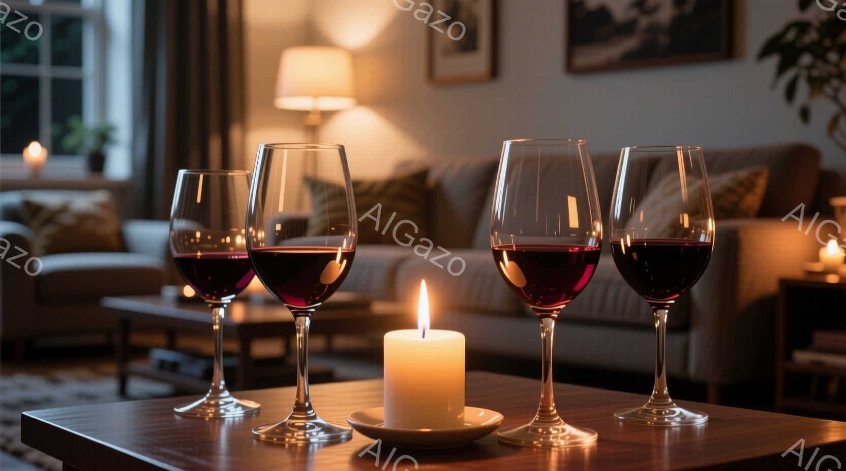 暖炉の光とキャンドルの炎が、居心地の良い雰囲気を醸し出している。ワイングラスが三つテーブルに並べられ、赤いワインが半分ほど入っている。背景には、ソファと柔らかな照明が見え、静かでリラックスした夜のひと - AI生成フリー素材