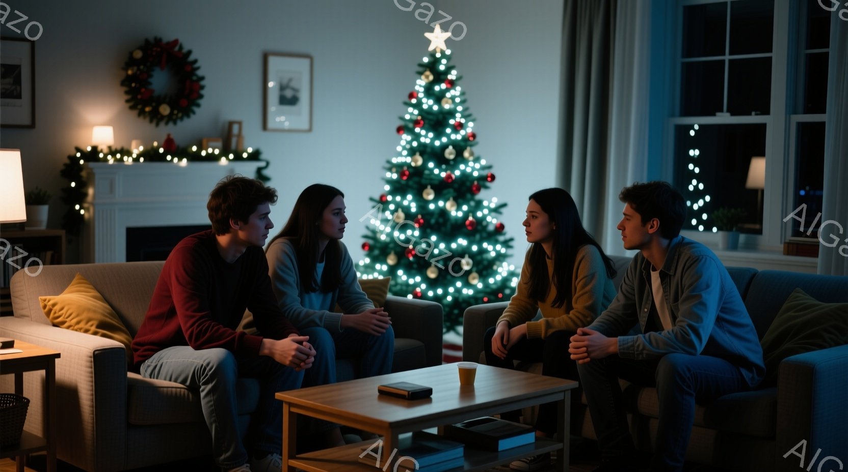 部屋にはクリスマスの飾り付けがされており、クリスマスツリーが明るく輝いている。四人の若い男女がソファに座り、顔を見合わせている様子から、何か真剣な話をしている雰囲気である。彼らはカジュアルな服装で、リ - AI生成フリー素材