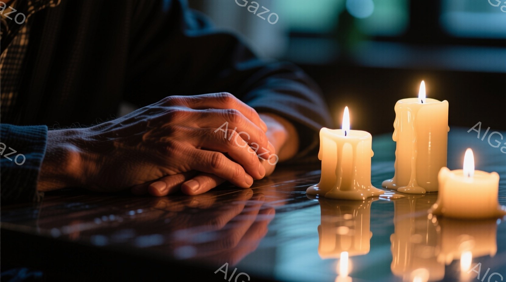 祈るように組まれた手は、年老いた男性のもので、チェック柄のシャツを着ている。テーブルの上には、溶け始めた蝋燭が数本並べられており、その光が手の上のシワやテーブルの木目を照らし出している。 全体的に、静寂で祈りのような、あるいは悲しみを湛えた雰囲気が漂っている。