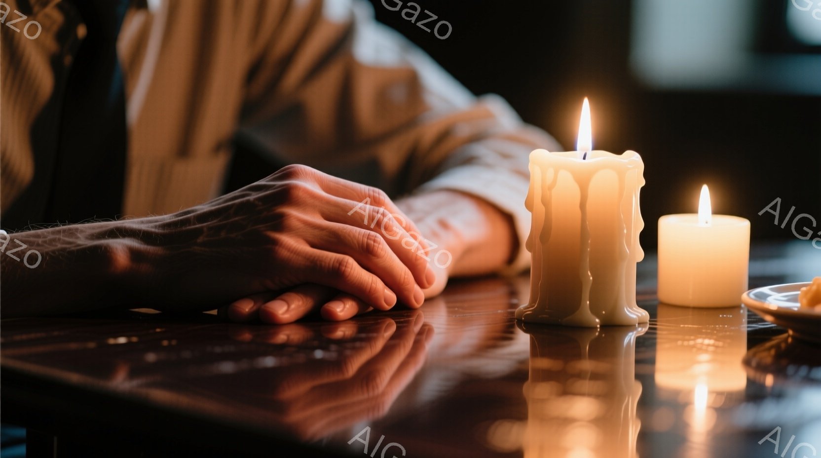 テーブルの上には、燃え盛る2本のロウソクが置かれ、その光が温かい雰囲気を醸し出しています。人物の腕はテーブルに寄り添い、静かに祈るような、または何かを深く考えるような姿勢を示しています。背景は暗く、ろ - AI生成フリー素材