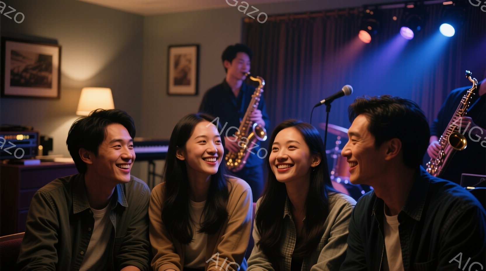 笑顔の若い男女４人が写っています。彼らはカジュアルな服装で、男性はシャツにジャケット、女性はニットやシャツを着ています。背景には、サックスとトランペットを演奏するミュージシャンがおり、薄暗い照明とステージの雰囲気が漂っています。