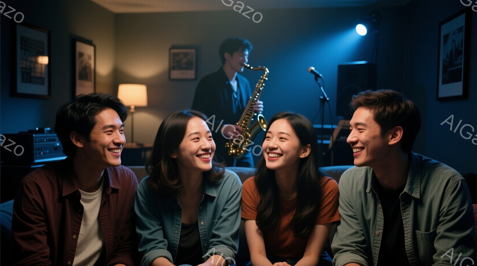 4人の若い男女が楽しそうに座って笑っている様子が写っている。彼らはカジュアルな服装で、男性は茶色や青のシャツを着ており、女性は茶色や青のトップスを着ている。背景にはサックスを演奏する男性と、暗い壁に掛けられた絵がいくつか見え、ライブハウスのような雰囲気である。